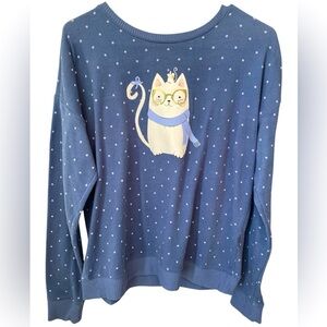 LC Lauren Conrad Polka Dot Cat Cutie Long Sleeve Top Women’s M Blue Super Soft